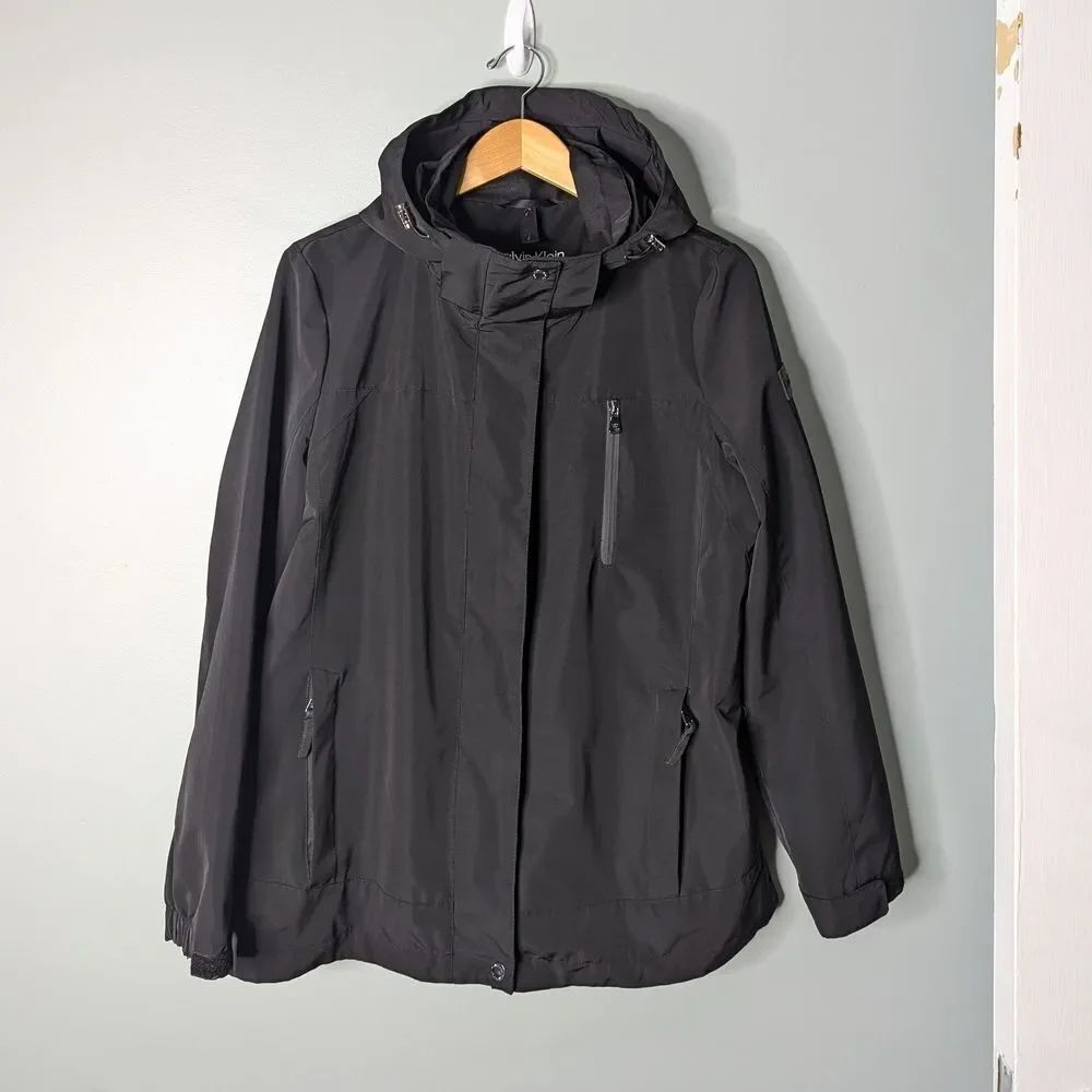 Calvin Klein Men's Black Hooded Shell Zip And Snap Lined Jacket Size M